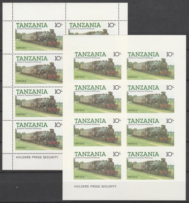 Tanzania 1985 Railways (1st Series) 10s value in complete imperf sheetlet of 8 plus perforated normal sheet, both unmounted mint as SG 431