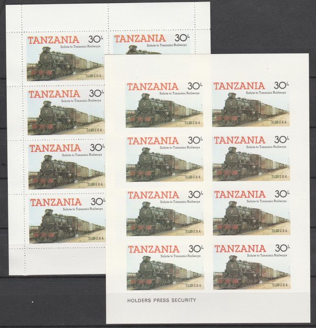 Tanzania 1985 Railways (1st Series) 30s value in complete imperf sheetlet of 8 plus perforated normal sheet, both unmounted mint as SG 433