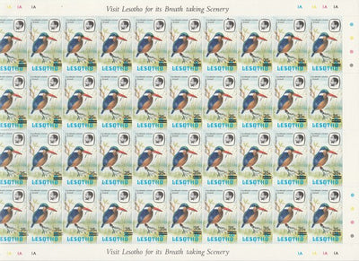 Lesotho 1986-88 Provisional surcharge 35s on 25s Malachite Kingfisher, the complete sheet of 40 with the scarce 1981 imprint date (SG720b) and containing 11 examples of the small ’s’ variety found in positions 1/5, 1/6, 1/8, 1/9, ……Details Below
