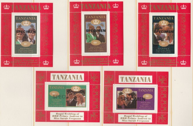 Tanzania 1986 Royal Wedding (Andrew & Fergie) the unissued individual perf deluxe sheets opt'd SPECIMEN (5 values only, 80s not available) unmounted mint
