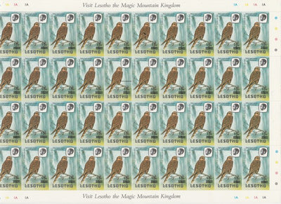 Lesotho 1986-88 Provisional surcharge 15s on 1s Greater Kestrel, the complete sheet of 40 with 1981 imprint date (SG716c) and containing 'extra bar variety & tick on 1' both on R2/5, 'curved line under bars' on R3/7 and 'top of 5 ……Details Below