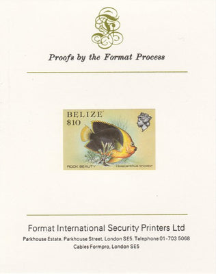 Belize 1984-88 Rock Beauty $10 def imperf proof mounted on Format International proof card as SG 781