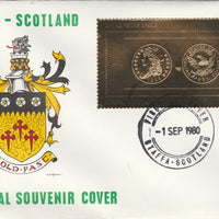 Staffa 1980 US Coins (1808 Quarter Eagle $2.5 coin both sides) on £8 perf label embossed in 22 carat gold foil (Rosen 890) on illustrated cover with first day cancel