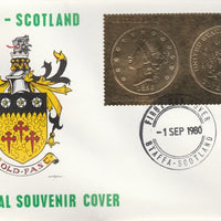 Staffa 1980 US Coins (1856 Double Eagle $20 coin both sides) on £8 perf label embossed in 22 carat gold foil (Rosen 895) on illustrated cover with first day cancel