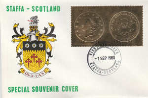 Staffa 1980 US Coins (1856 Double Eagle $20 coin both sides) on £8 perf label embossed in 22 carat gold foil (Rosen 895) on illustrated cover with first day cancel