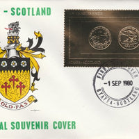 Staffa 1980 US Coins (1915 Quarter Eagle $2.5 coin both sides) on £8 perf label embossed in 22 carat gold foil (Rosen 899) on illustrated cover with first day cancel