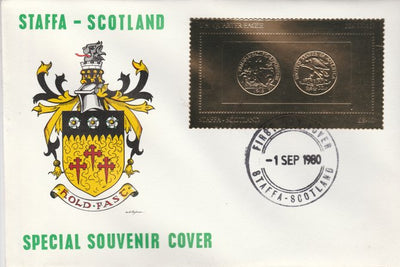 Staffa 1980 US Coins (1915 Quarter Eagle $2.5 coin both sides) on £8 perf label embossed in 22 carat gold foil (Rosen 899) on illustrated cover with first day cancel