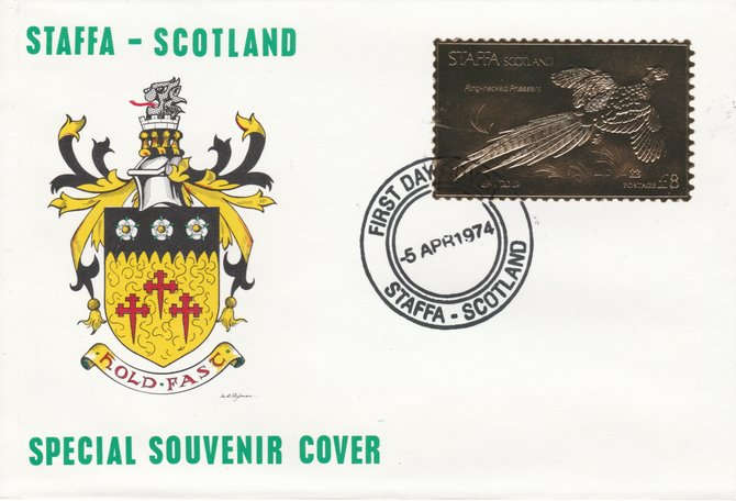 Staffa 1976 Ring-Necked Pheasant (Male) £8 value perforated & embossed in 23 carat gold foil on souvenir cover with first day cancel (Rosen 283a)