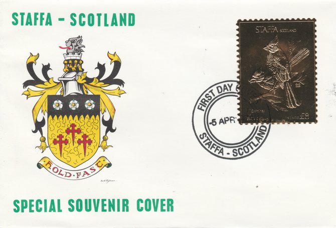 Staffa 1976 Cardinal (Female) £8 value perforated & embossed in 23 carat gold foil on souvenir cover with first day cancel (Rosen 284b)