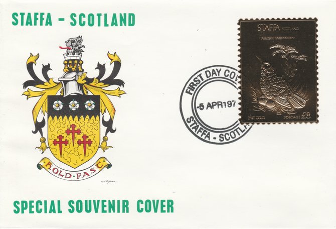 Staffa 1976 Western Meadowlark (Female) £8 value perforated & embossed in 23 carat gold foil on souvenir cover with first day cancel (Rosen 285b)