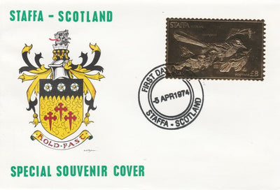 Staffa 1976 Mockingbird (Male) £8 value perforated & embossed in 23 carat gold foil on souvenir cover with first day cancel (Rosen 286a)