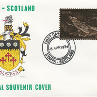 Staffa 1976 Mockingbird (Female) £8 value perforated & embossed in 23 carat gold foil on souvenir cover with first day cancel (Rosen 286b)