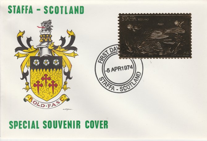 Staffa 1976 Robin (Female) £8 value perforated & embossed in 23 carat gold foil on souvenir cover with first day cancel (Rosen 289b)