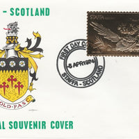 Staffa 1976 Road Runner (Male) £8 value perforated & embossed in 23 carat gold foil on souvenir cover with first day cancel (Rosen 290a)