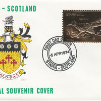 Staffa 1976 Road Runner (Female) £8 value perforated & embossed in 23 carat gold foil on souvenir cover with first day cancel (Rosen 290b)
