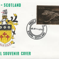 Staffa 1976 Eastern Goldfinch (Female) £8 value perforated & embossed in 23 carat gold foil on souvenir cover with first day cancel (Rosen 291b)