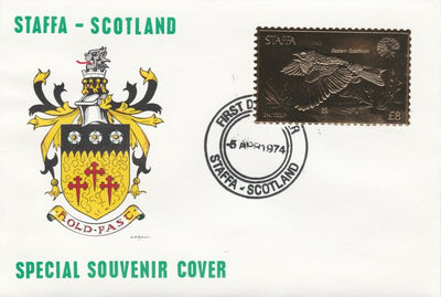 Staffa 1976 Eastern Goldfinch (Female) £8 value perforated & embossed in 23 carat gold foil on souvenir cover with first day cancel (Rosen 291b)