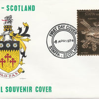 Staffa 1976 Purple Finch (Male) £8 value perforated & embossed in 23 carat gold foil on souvenir cover with first day cancel (Rosen 296a)
