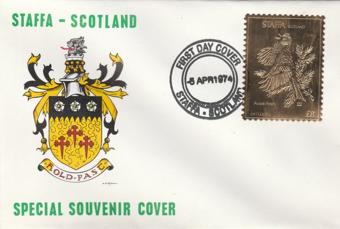 Staffa 1976 Purple Finch (Female) £8 value perforated & embossed in 23 carat gold foil on souvenir cover with first day cancel (Rosen 296b)