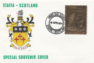 Staffa 1976 California Valley Quail (Male) £8 value perforated & embossed in 23 carat gold foil on souvenir cover with first day cancel (Rosen 297a)