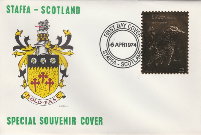 Staffa 1976 Yellow Hammer (Female) £8 value perforated & embossed in 23 carat gold foil on souvenir cover with first day cancel (Rosen 298b)
