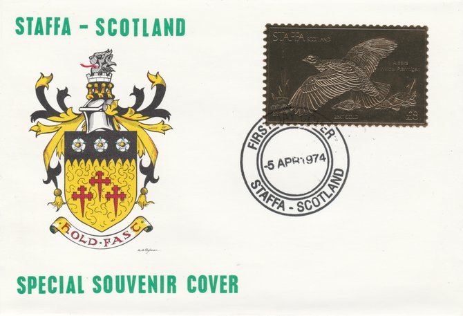 Staffa 1976 Alaska Willow Ptarmigan (Female) £8 value perforated & embossed in 23 carat gold foil on souvenir cover with first day cancel (Rosen 299b)