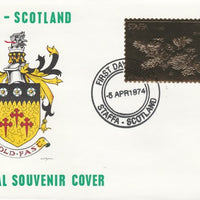 Staffa 1976 Chickadee (Male) £8 value perforated & embossed in 23 carat gold foil on souvenir cover with first day cancel (Rosen 301a)