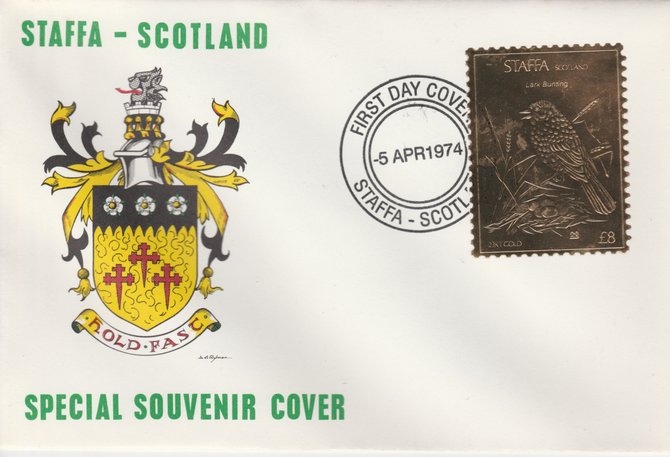 Staffa 1976 Lark Bunting (Male) £8 value perforated & embossed in 23 carat gold foil on souvenir cover with first day cancel (Rosen 303a)