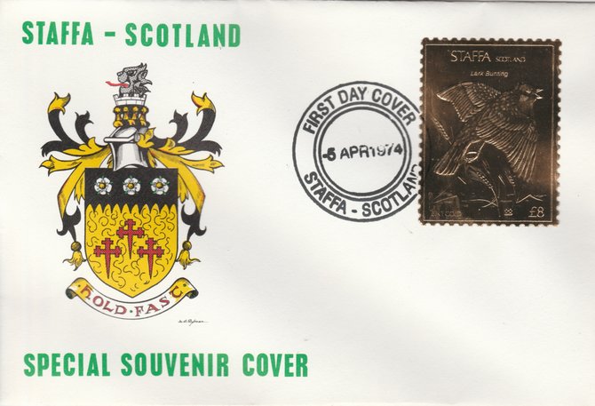 Staffa 1976 Lark Bunting (Female) £8 value perforated & embossed in 23 carat gold foil on souvenir cover with first day cancel (Rosen 303b)