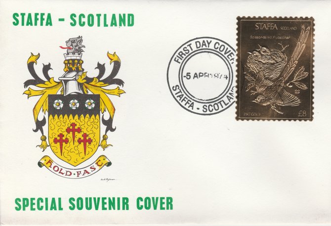 Staffa 1976 Scissor Tailed Flycatcher (Male) £8 value perforated & embossed in 23 carat gold foil on souvenir cover with first day cancel (Rosen 305a)