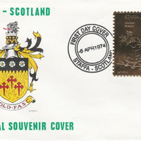 Staffa 1976 Mountain Bluebird (Female) £8 value perforated & embossed in 23 carat gold foil on souvenir cover with first day cancel (Rosen 307b)