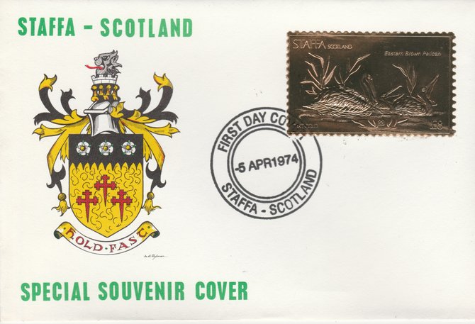 Staffa 1976 Eastern Brown Pelican (Male) £8 value perforated & embossed in 23 carat gold foil on souvenir cover with first day cancel (Rosen 308a)