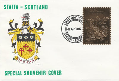 Staffa 1976 Hermit Thrush (Female) £8 value perforated & embossed in 23 carat gold foil on souvenir cover with first day cancel (Rosen 310b)