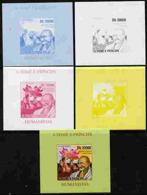 St Thomas & Prince Islands 2010 Humanitarians - Mahatma Gandhi individual deluxe sheet - the set of 5 imperf progressive proofs comprising the 4 individual colours plus all 4-colour composite, unmounted mint