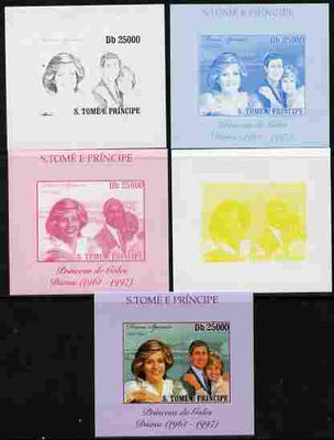 St Thomas & Prince Islands 2010 Diana Princess of Wales #2 with Charles individual deluxe sheet - the set of 5 imperf progressive proofs comprising the 4 individual colours plus all 4-colour composite, unmounted mint