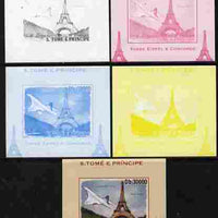 St Thomas & Prince Islands 2010 Eiffel Tower & Concorde #1 individual deluxe sheet - the set of 5 imperf progressive proofs comprising the 4 individual colours plus all 4-colour composite, unmounted mint