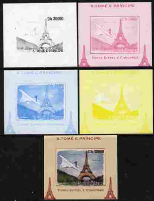 St Thomas & Prince Islands 2010 Eiffel Tower & Concorde #1 individual deluxe sheet - the set of 5 imperf progressive proofs comprising the 4 individual colours plus all 4-colour composite, unmounted mint