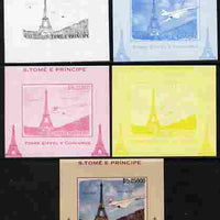 St Thomas & Prince Islands 2010 Eiffel Tower & Concorde #2 individual deluxe sheet - the set of 5 imperf progressive proofs comprising the 4 individual colours plus all 4-colour composite, unmounted mint