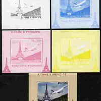 St Thomas & Prince Islands 2010 Eiffel Tower & Concorde #3 individual deluxe sheet - the set of 5 imperf progressive proofs comprising the 4 individual colours plus all 4-colour composite, unmounted mint