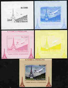 St Thomas & Prince Islands 2010 Eiffel Tower & Concorde #3 individual deluxe sheet - the set of 5 imperf progressive proofs comprising the 4 individual colours plus all 4-colour composite, unmounted mint