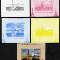 St Thomas & Prince Islands 2010 Eiffel Tower & Concorde #4 individual deluxe sheet - the set of 5 imperf progressive proofs comprising the 4 individual colours plus all 4-colour composite, unmounted mint