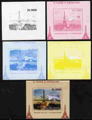St Thomas & Prince Islands 2010 Eiffel Tower & Concorde #4 individual deluxe sheet - the set of 5 imperf progressive proofs comprising the 4 individual colours plus all 4-colour composite, unmounted mint