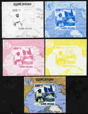 Guinea - Bissau 2010 Global Warming #5 - Penguin individual deluxe sheet - the set of 5 imperf progressive proofs comprising the 4 individual colours plus all 4-colour composite, unmounted mint