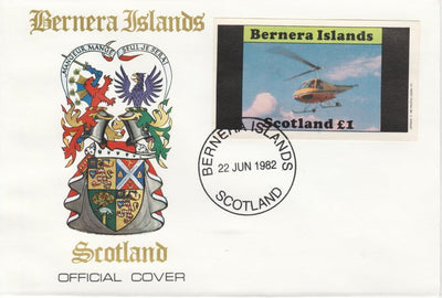Bernera 1982 Helicopters #2 imperf souvenir sheet (£1 value) on special cover with first day cancel