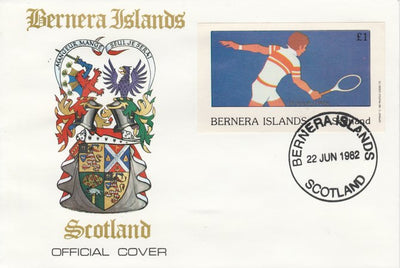 Bernera 1982 Tennis imperf souvenir sheet (£1 value) on special cover with first day cancel