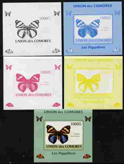 Comoro Islands 2009 Butterflies #1 individual deluxe sheet - the set of 5 imperf progressive proofs comprising the 4 individual colours plus all 4-colour composite, unmounted mint