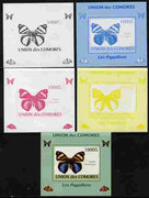 Comoro Islands 2009 Butterflies #1 individual deluxe sheet - the set of 5 imperf progressive proofs comprising the 4 individual colours plus all 4-colour composite, unmounted mint