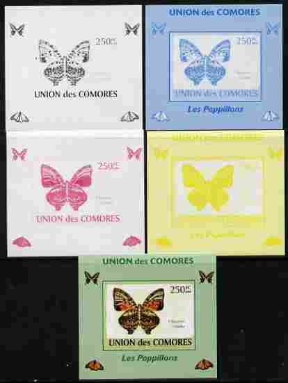 Comoro Islands 2009 Butterflies #2 individual deluxe sheet - the set of 5 imperf progressive proofs comprising the 4 individual colours plus all 4-colour composite, unmounted mint