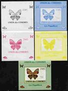 Comoro Islands 2009 Butterflies #2 individual deluxe sheet - the set of 5 imperf progressive proofs comprising the 4 individual colours plus all 4-colour composite, unmounted mint