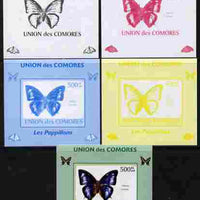 Comoro Islands 2009 Butterflies #3 individual deluxe sheet - the set of 5 imperf progressive proofs comprising the 4 individual colours plus all 4-colour composite, unmounted mint
